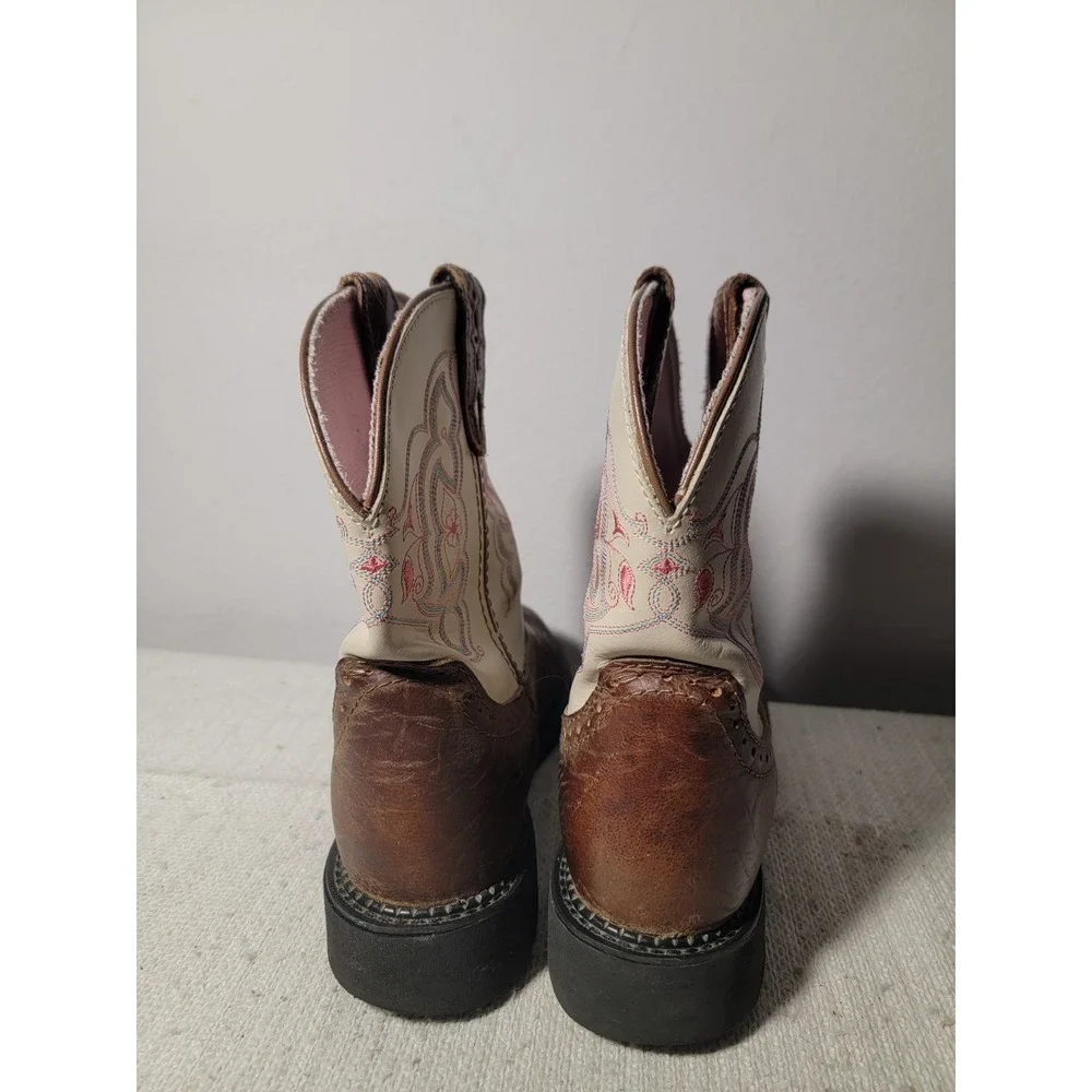 Justin Gypsy Boots Womens 9 B Brown Cream Leather Western Cowgirl Embroidered